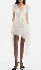 Dorsey Whimsical White Ruffle High-Low Mini Dress