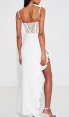 Arlette Luxe Lace Corset Asymmetric Ruffle Midi Dress