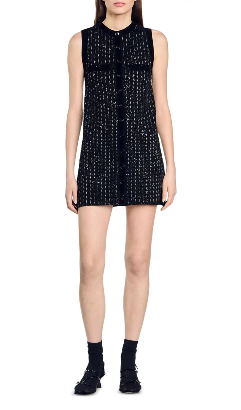 Suri Sparkle Tweed Sleeveless Mini Dress with Velvet Trim