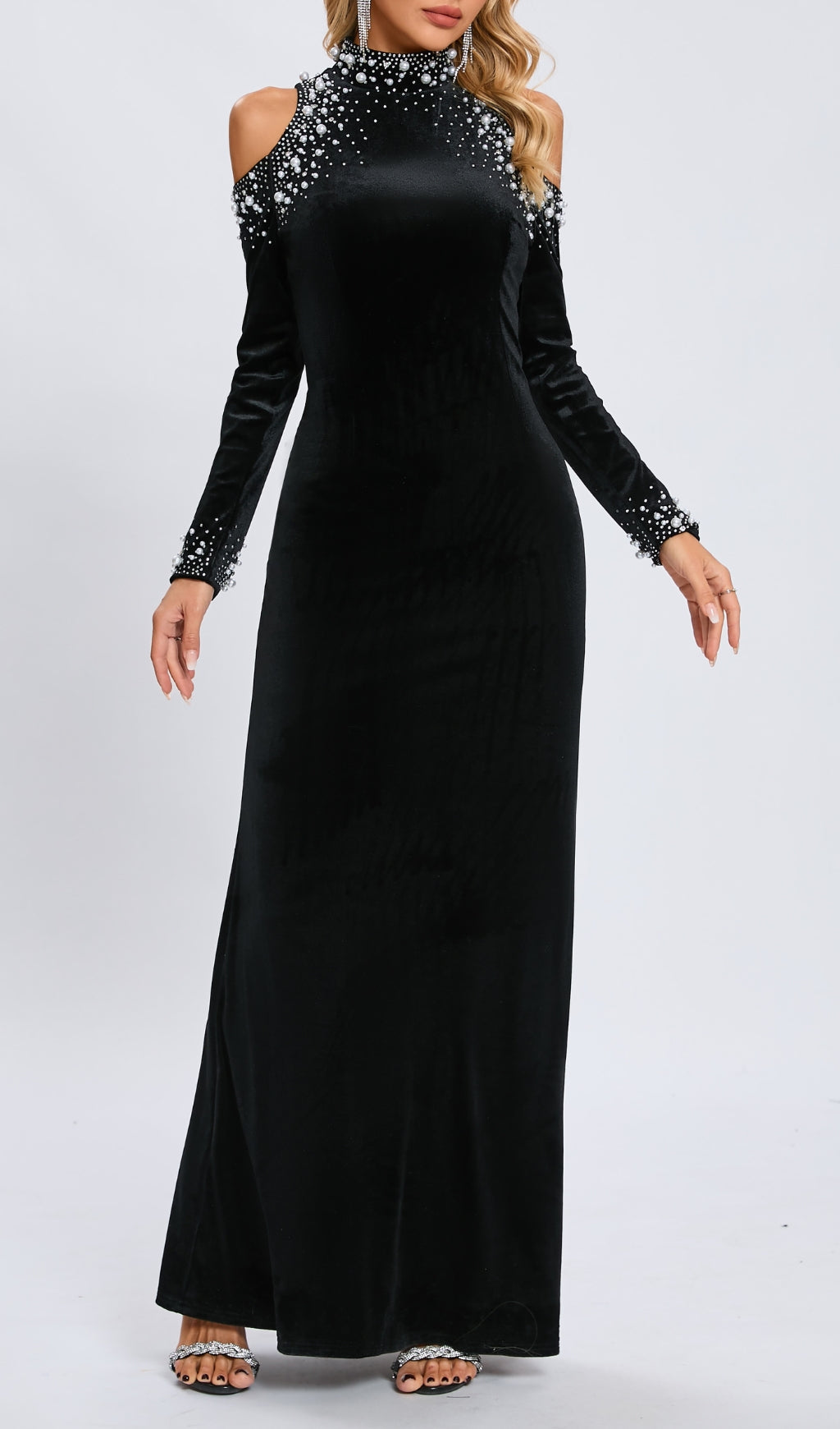 Cassiope Embellished Black Velvet Cold Shoulder Maxi Gown