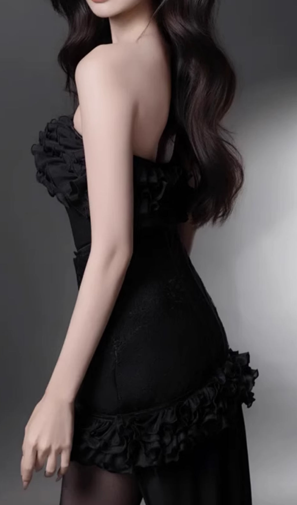 Eithne Black Strapless Corset Ruffle High-Low Evening Dress