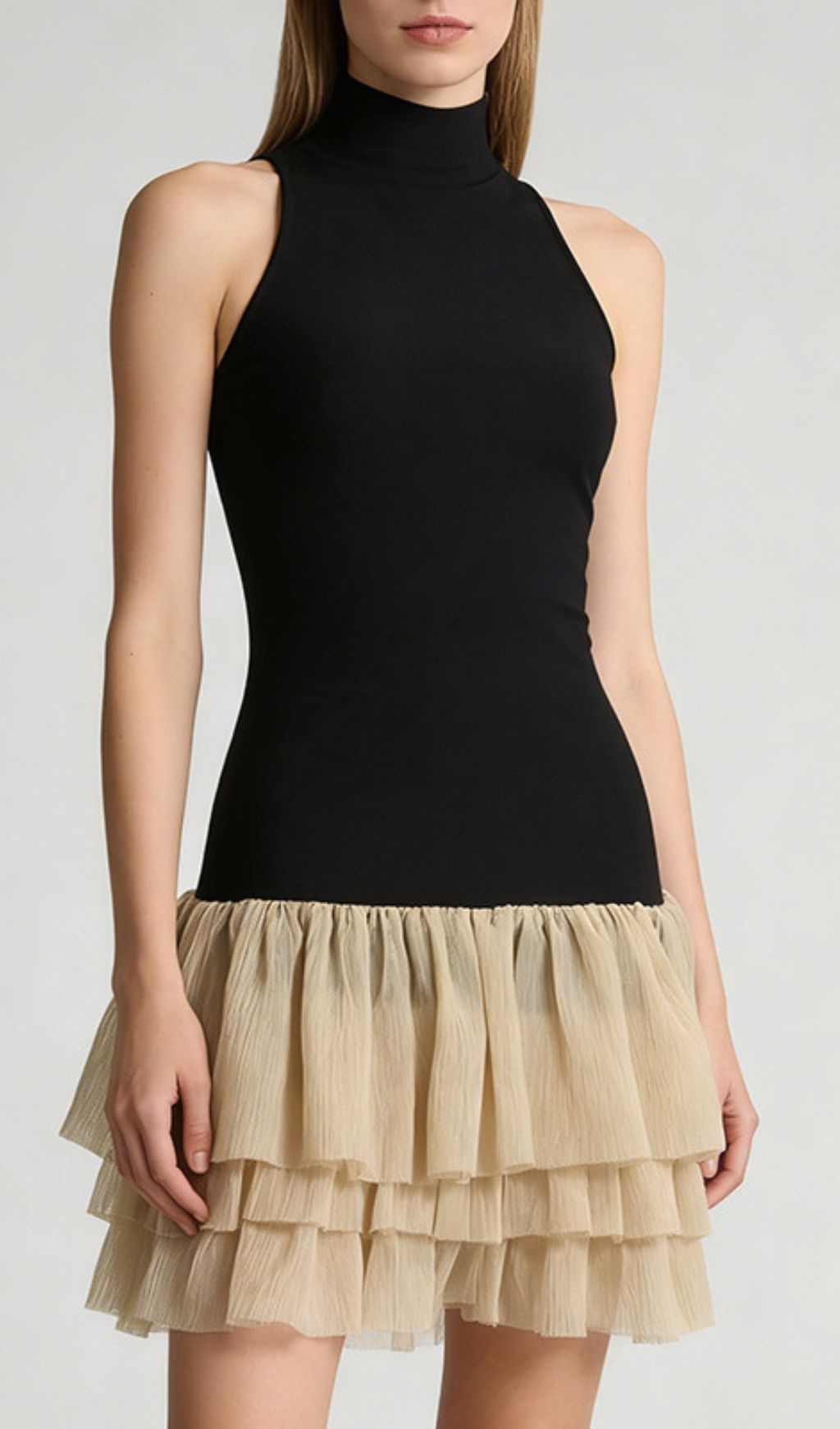 Jacarra Chic Black Halter Turtleneck Ruffle Tiered Mini Dress