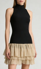 Jacarra Chic Black Halter Turtleneck Ruffle Tiered Mini Dress