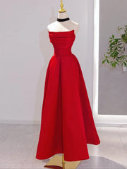 Vestido de noche largo con escote en A y corte en A de satén rojo 