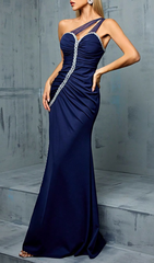Genova Elegant Navy One-Shoulder Ruched Maxi Gown for Women