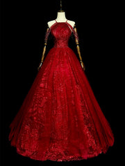 Vestido formal largo de tul rojo vino con cuentas y corte A con cuello halter 