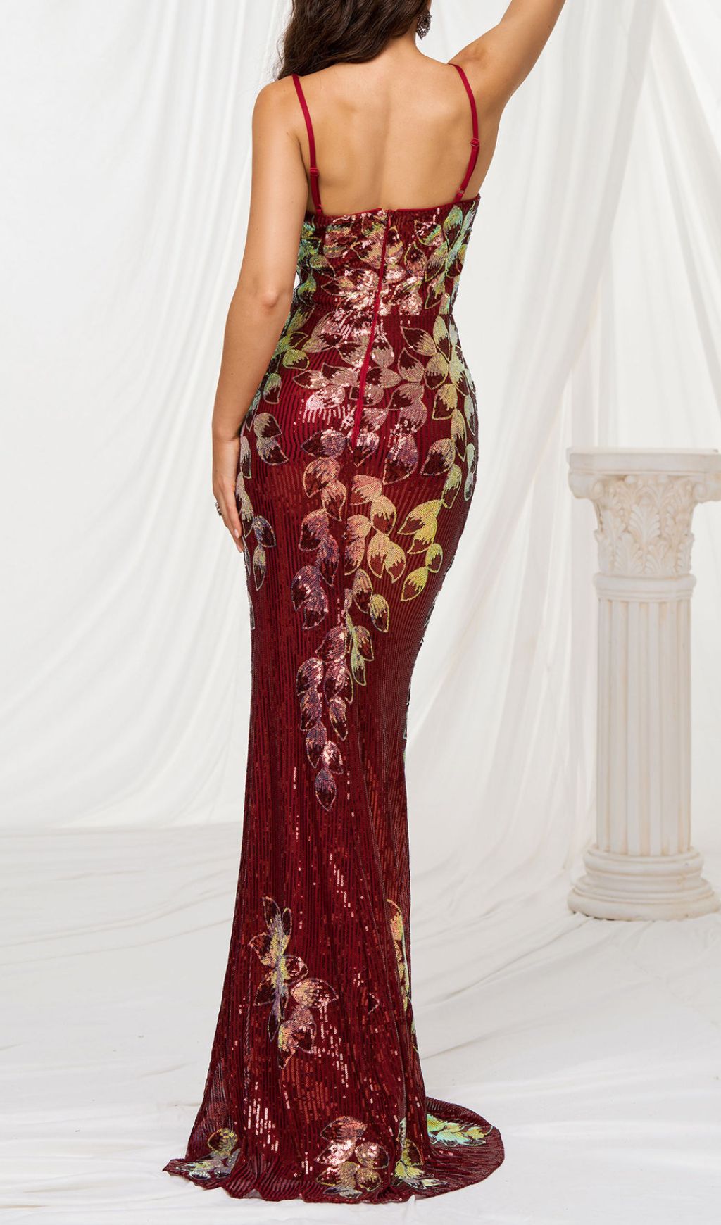 Fiora Wine Red Floral Sequin Strappy Maxi Gown