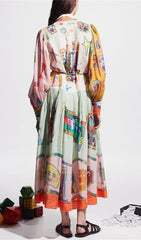 Ceara Whimsical Art Print Long Sleeve Midi Shirt Dress