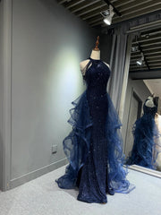Elegante vestido de fiesta largo azul marino con lentejuelas y tul 