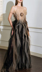 Ethereal Rosette Mesh Ruffle Maxi Gown