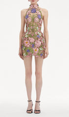 Stunning 3D Floral Embroidery Halter Mini Dress