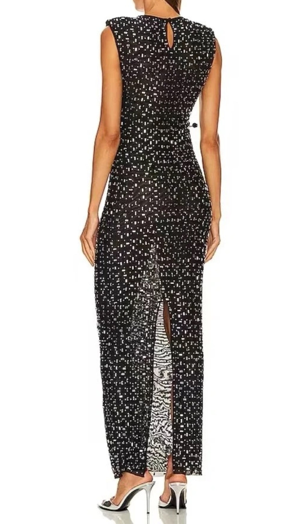Dafina Glamorous Black Crystal Sequin Maxi Dress with Side Cut-Out & Slit