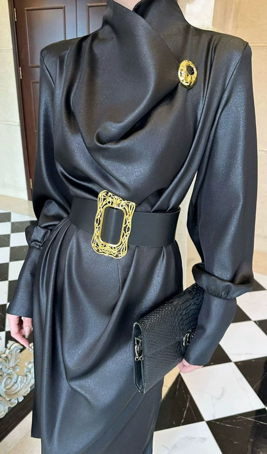 Imad Black Elegant Long Sleeve Belted Maxi Dress
