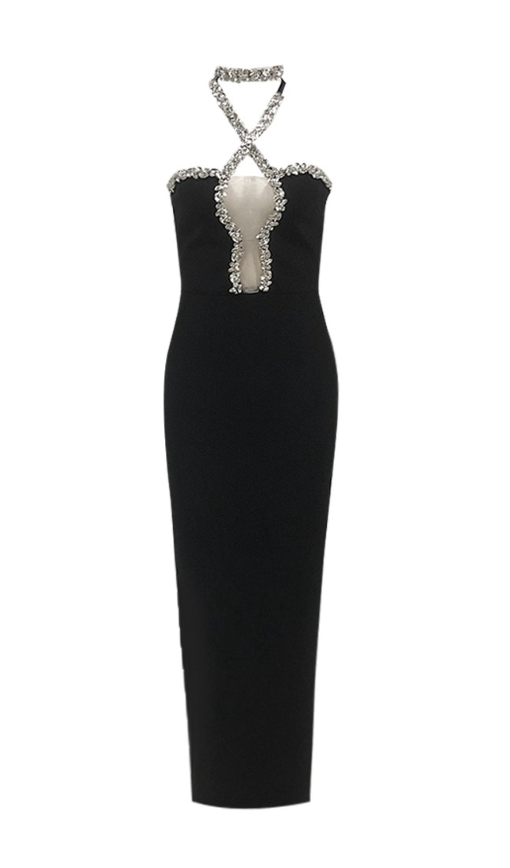 Bellini Glamorous Black Rhinestone Halter Maxi Dress