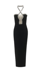 Bellini Glamorous Black Rhinestone Halter Maxi Dress