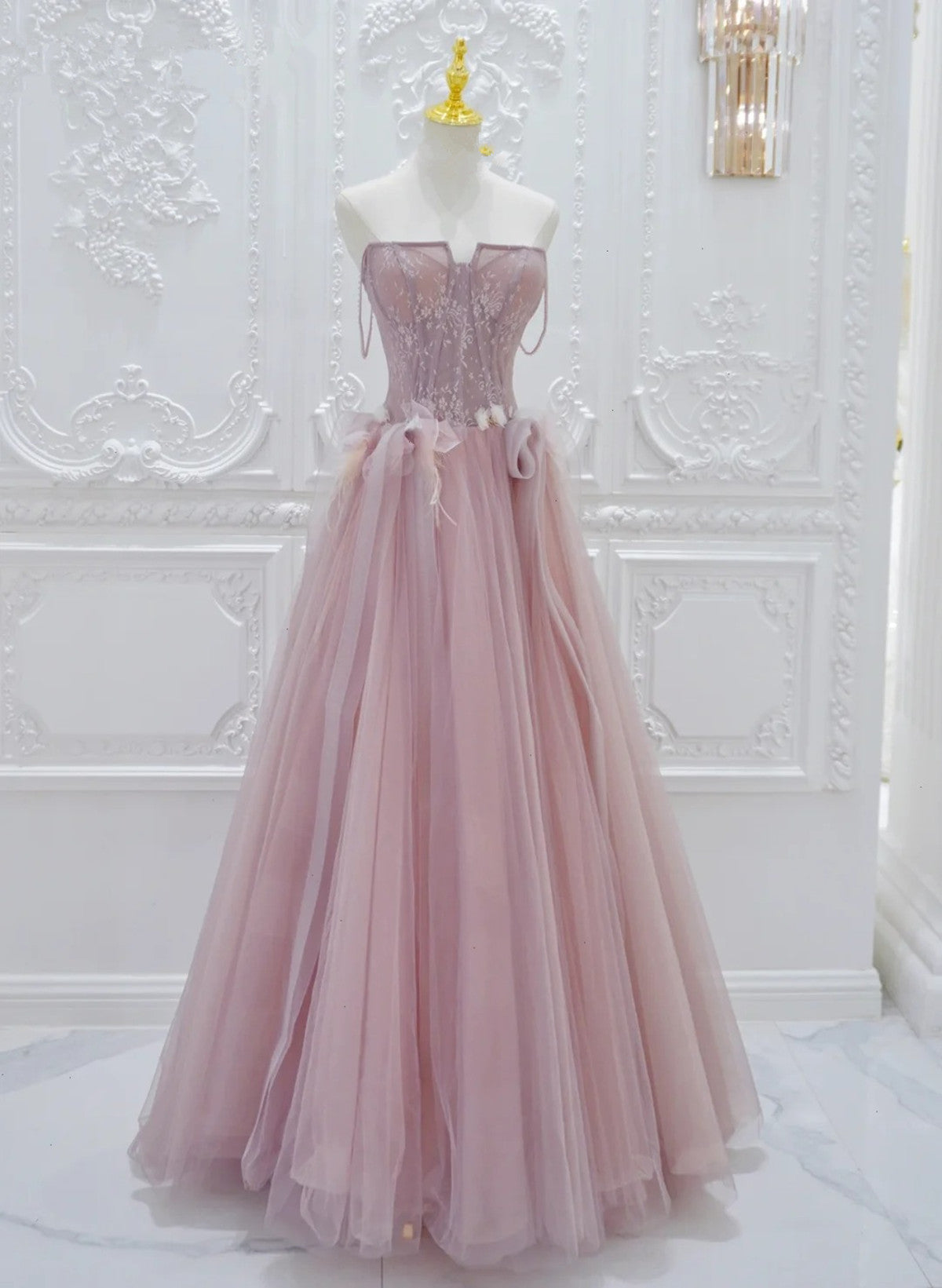 Vestido de fiesta de tul rosa con encaje y corte A 