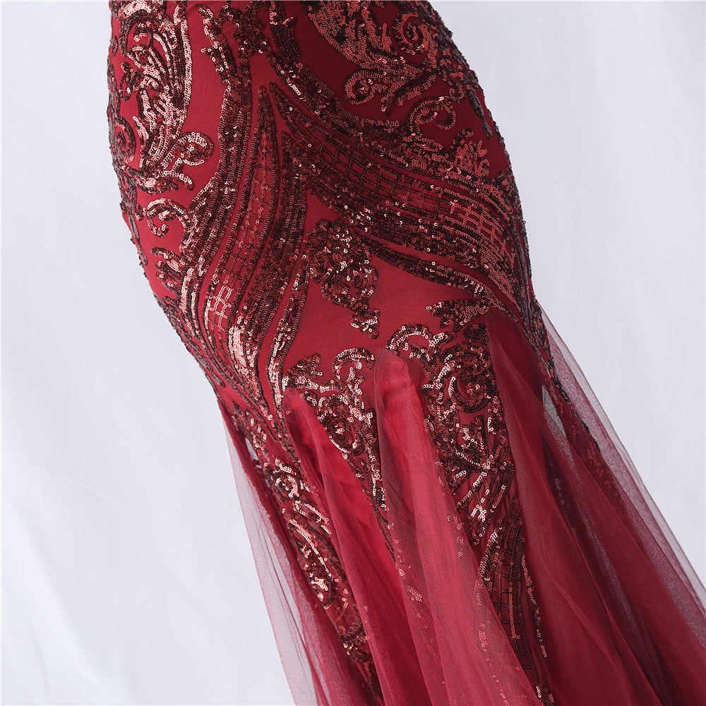 Choire Red Sequin Feather Mermaid Gown