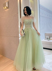 Light Green Tulle with Lace Short Sleeves Long Party Dress