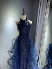 Elegante vestido de fiesta largo azul marino con lentejuelas y tul 