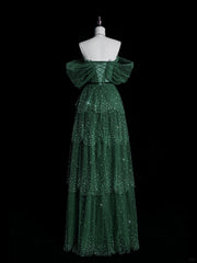 Vestido de fiesta verde oscuro de tul brillante con capas en forma de A 