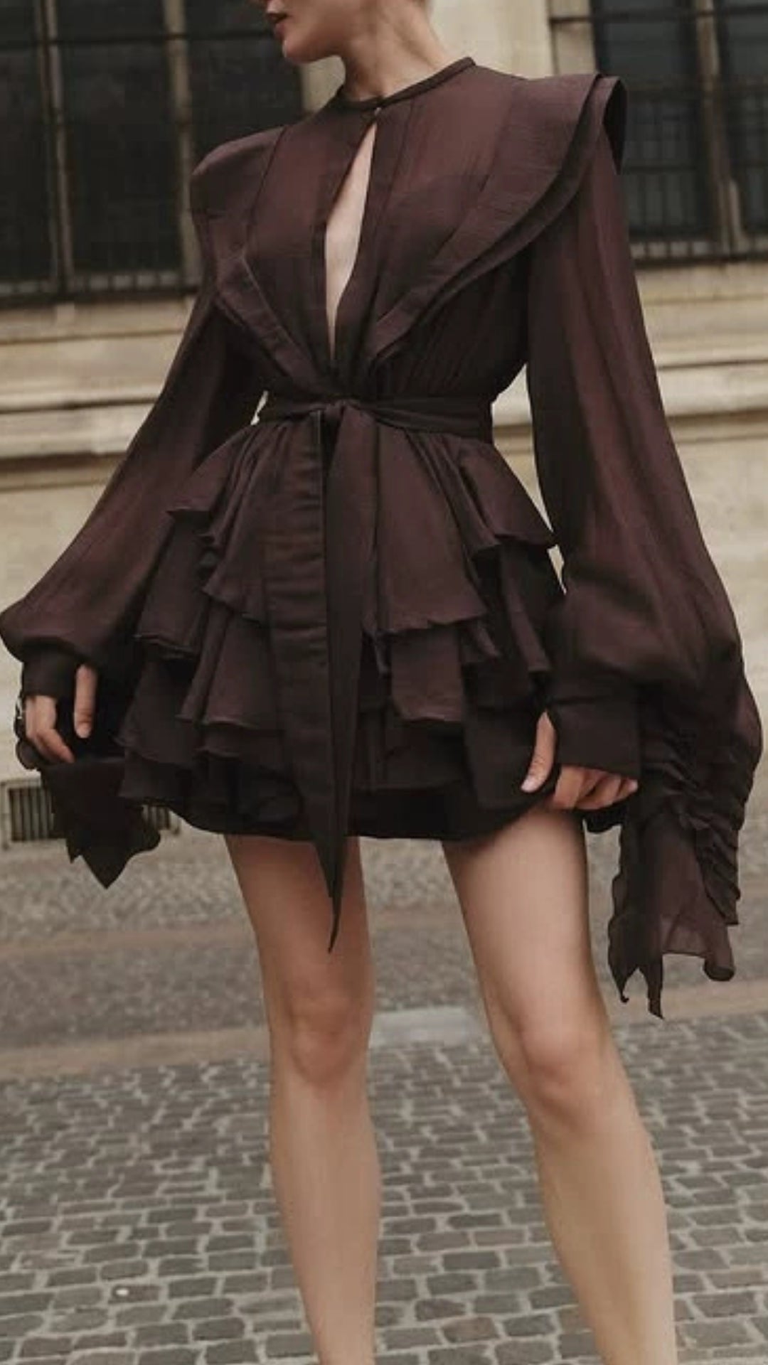 Chic Fleur Brown Ruffle Mini Dress