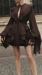 Chic Fleur Brown Ruffle Mini Dress