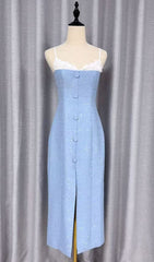 Juana Blue Floral Tweed Strappy Slit Midi Dress