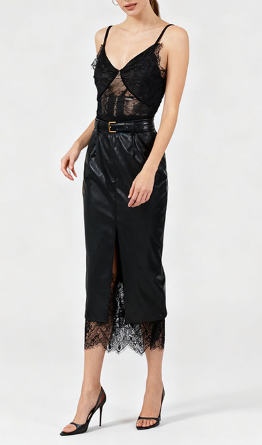 Ilta Black Lace & Vegan Leather Midi Dress