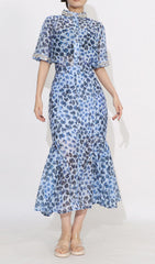 Dympna Chic Blue Leopard Print Embellished Midi Shirt Dress