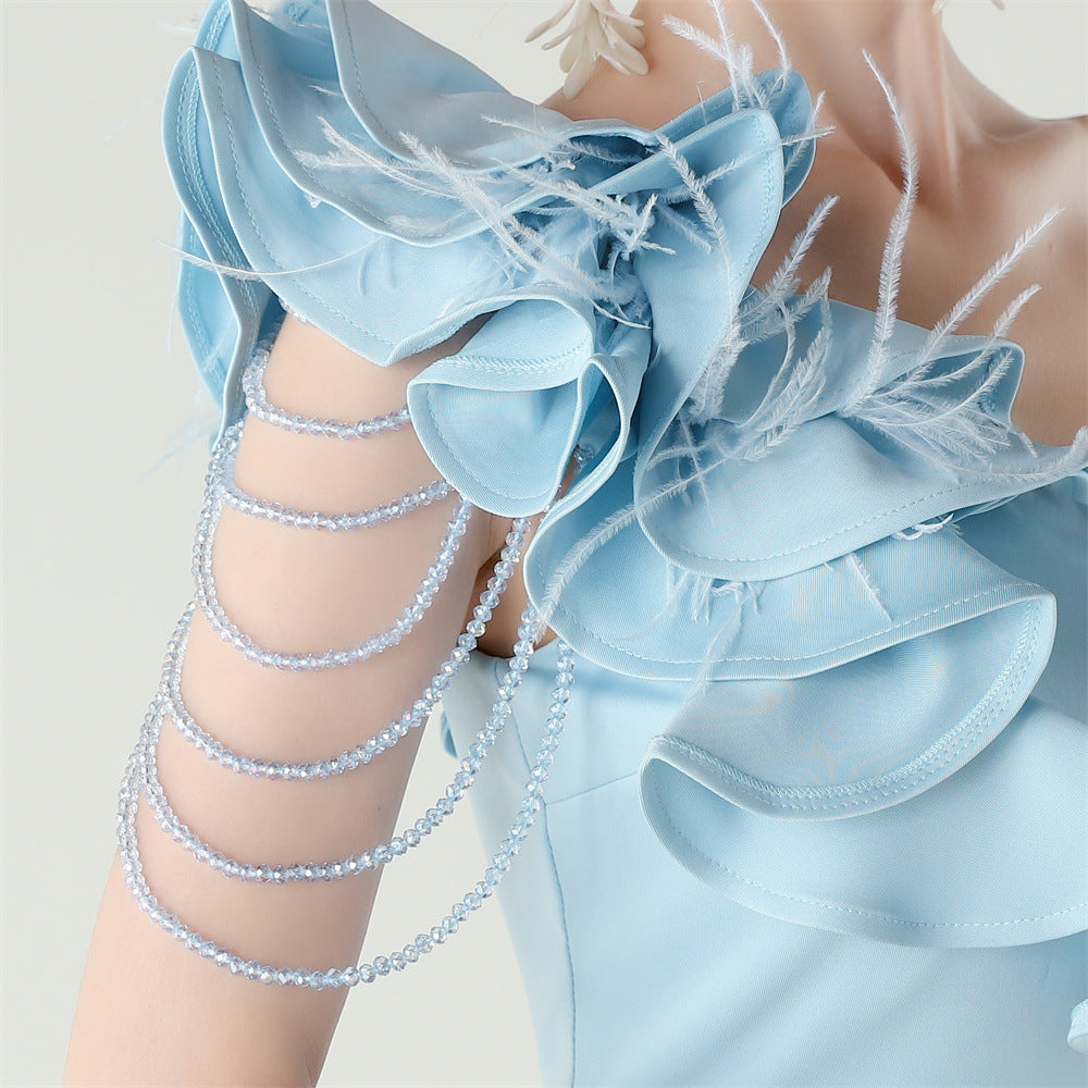 Ijlal Sky Blue One-Shoulder Ruffle Maxi Gown with Slit