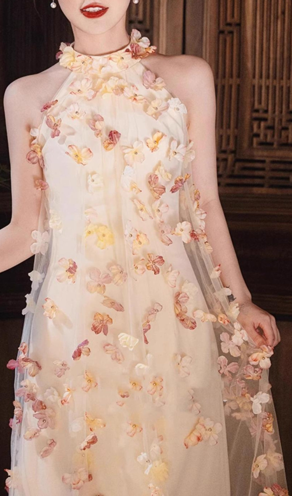 Ethereal Blossom Halter Mesh Maxi Dress