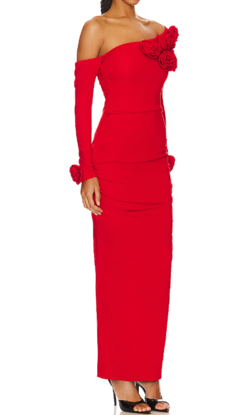 Cai Red Floral One-Shoulder Long Sleeve Maxi Dress