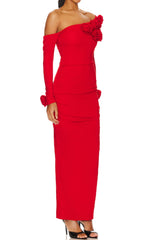 Cai Red Floral One-Shoulder Long Sleeve Maxi Dress
