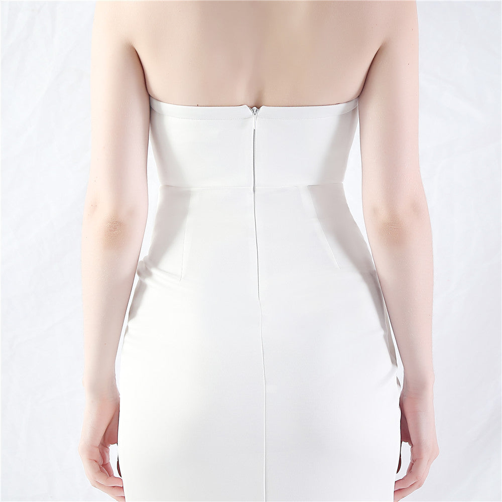 Chizue Elegant White Strapless Corset Maxi Gown with Thigh Slit