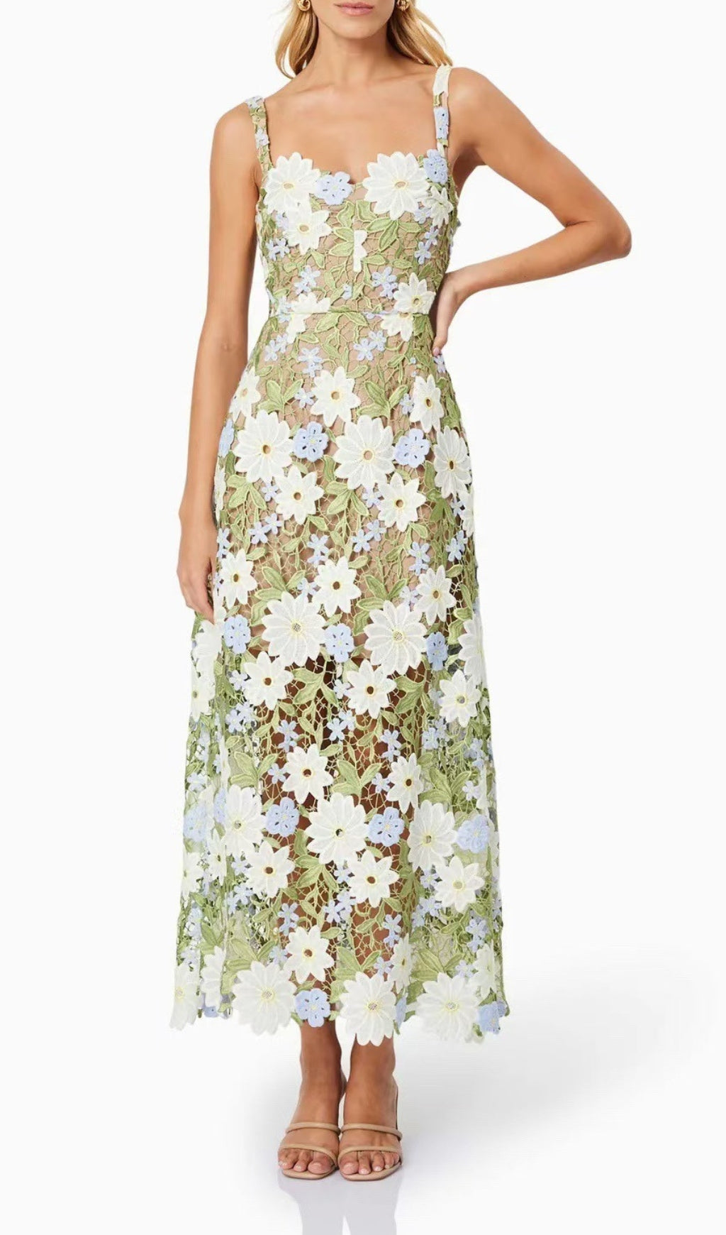 Elegant Daisy Floral Embroidered Lace Maxi Dress