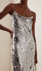Show-Stopping Federico Silver Flower Sequin Maxi Dress for Unforgettable Evenings