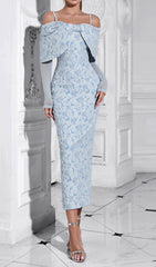 Charley Blue Floral Lace Off-Shoulder Midi Dress with Sheer Sleeves