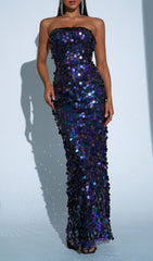 Fiene Dazzling Iridescent Sequin Strapless Maxi Gown