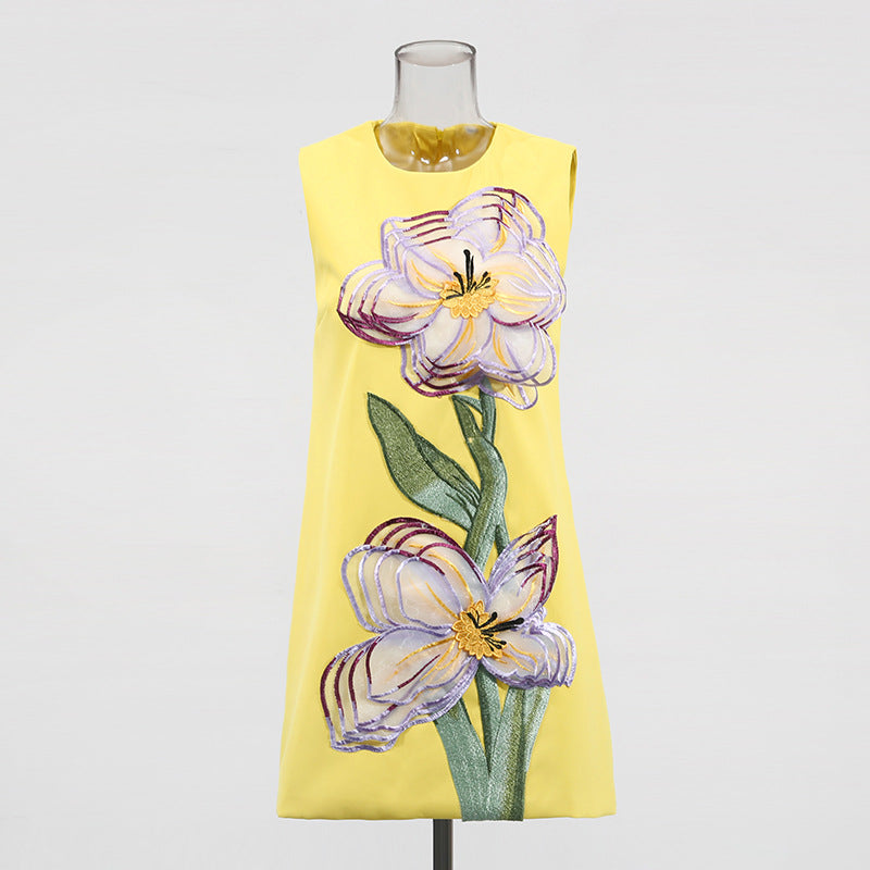 Evalyse Chic Lemon Yellow 3D Floral Mini Dress