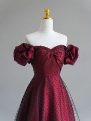 A-line Tulle Off Shoulder Black and Red Prom Dress