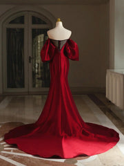 Vestido de noche largo de satén rojo vino con mangas cortas abullonadas 