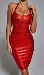 Stunning Red Metallic Halter Bandage Bodycon Mini Dress