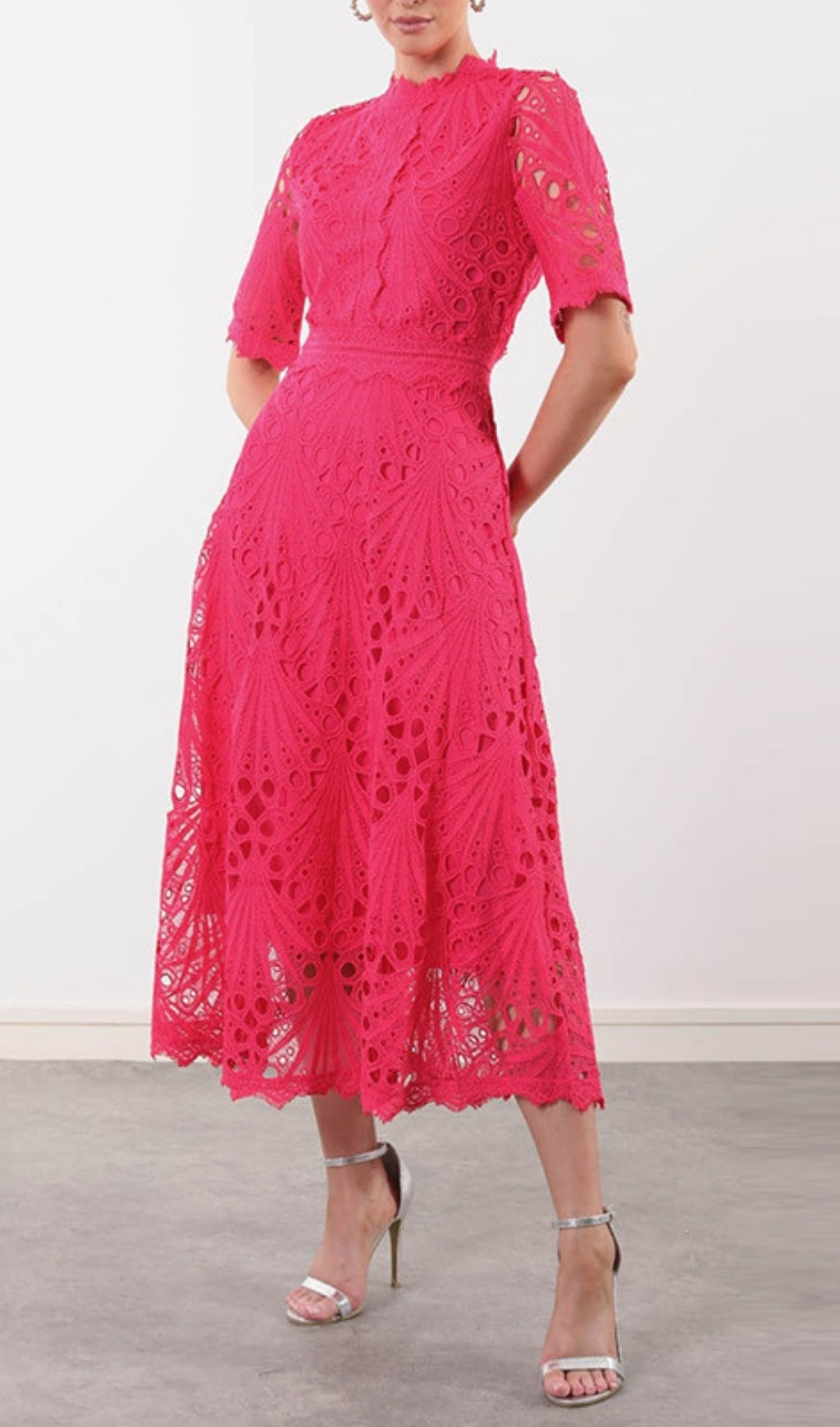 Emirhan Vibrant Fuchsia Eyelet Lace Midi Dress