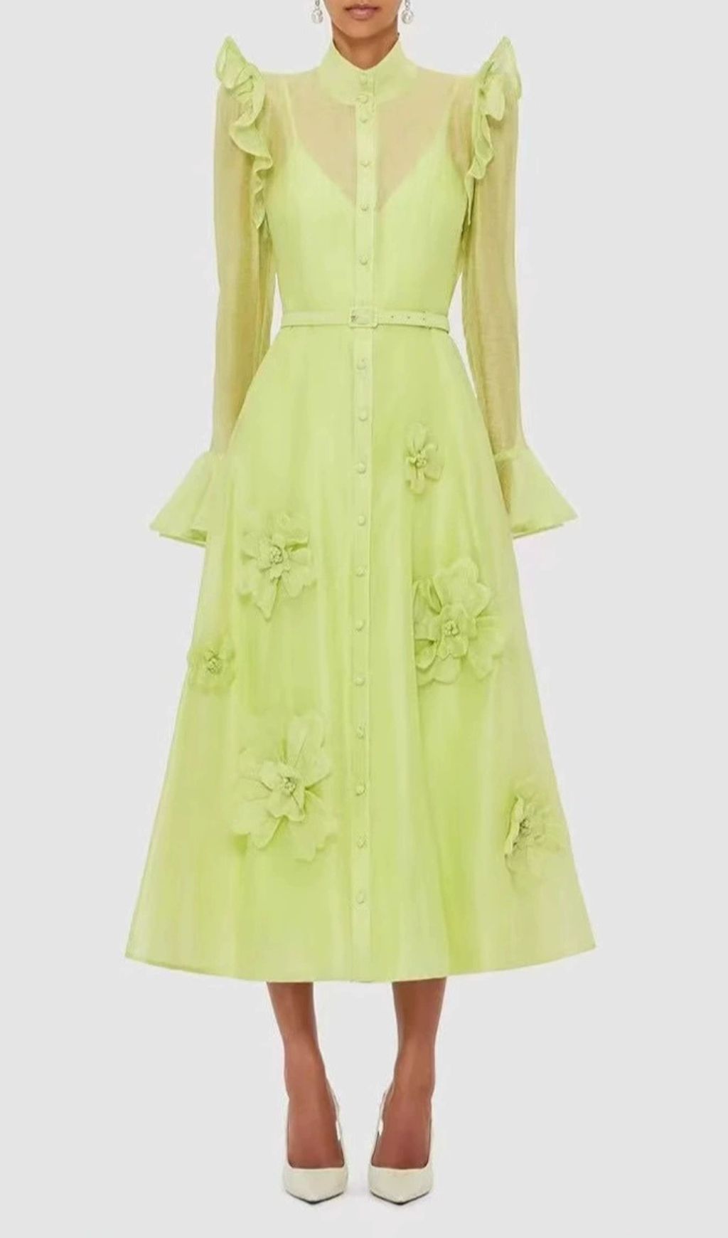 Elula Enchanting Lime Green 3D Floral Ruffled Midi Dress