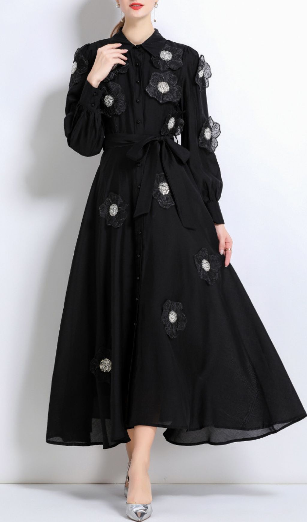 Holly Black Floral Embellished Long Sleeve Midi Dress for Women