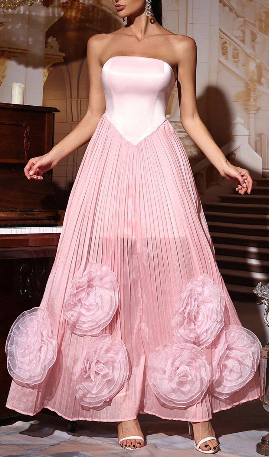 Florinda Pink Strapless Pleated Maxi Dress with 3D Chiffon Floral Appliqus