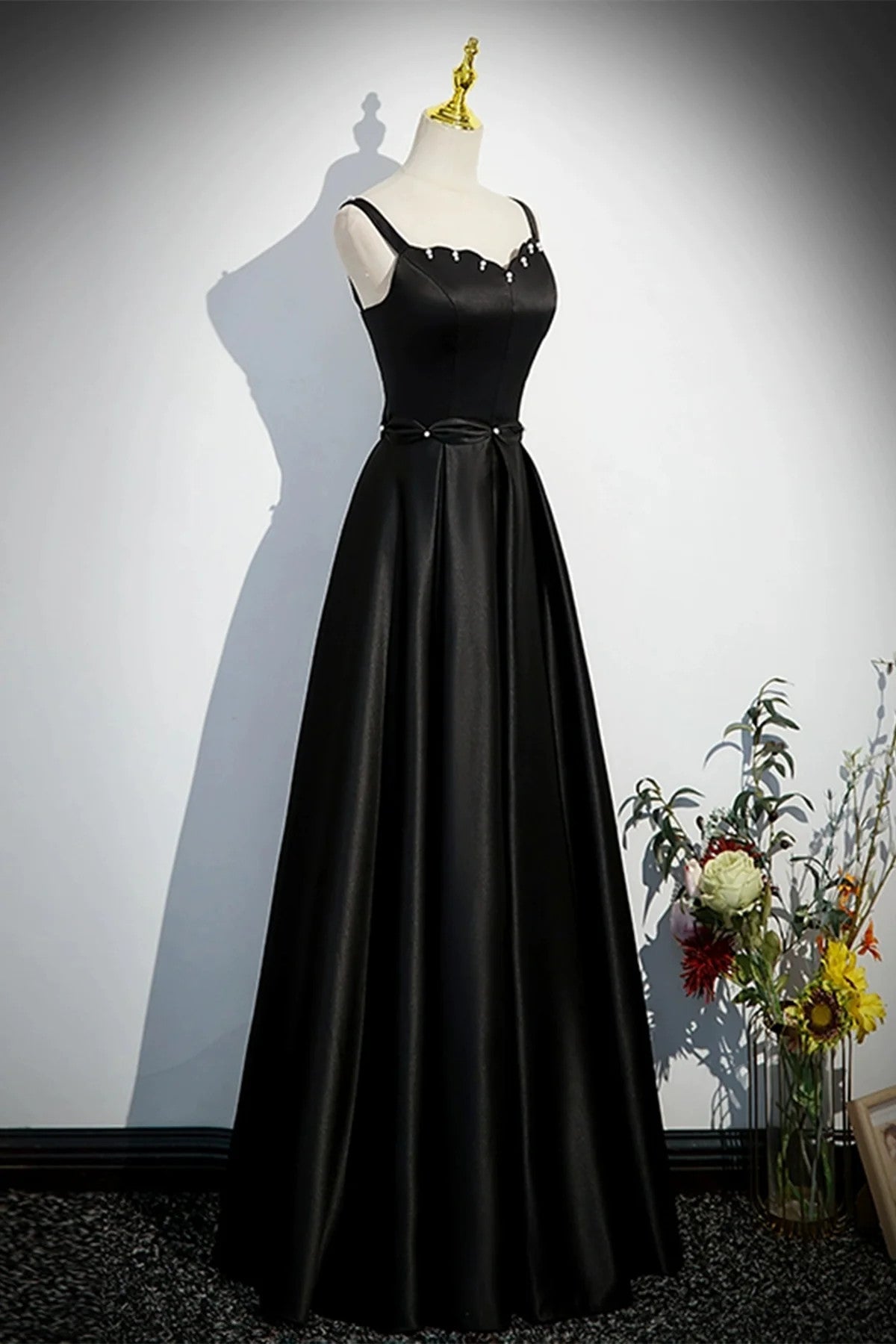 A-line Black Satin Straps Long Formal Dress