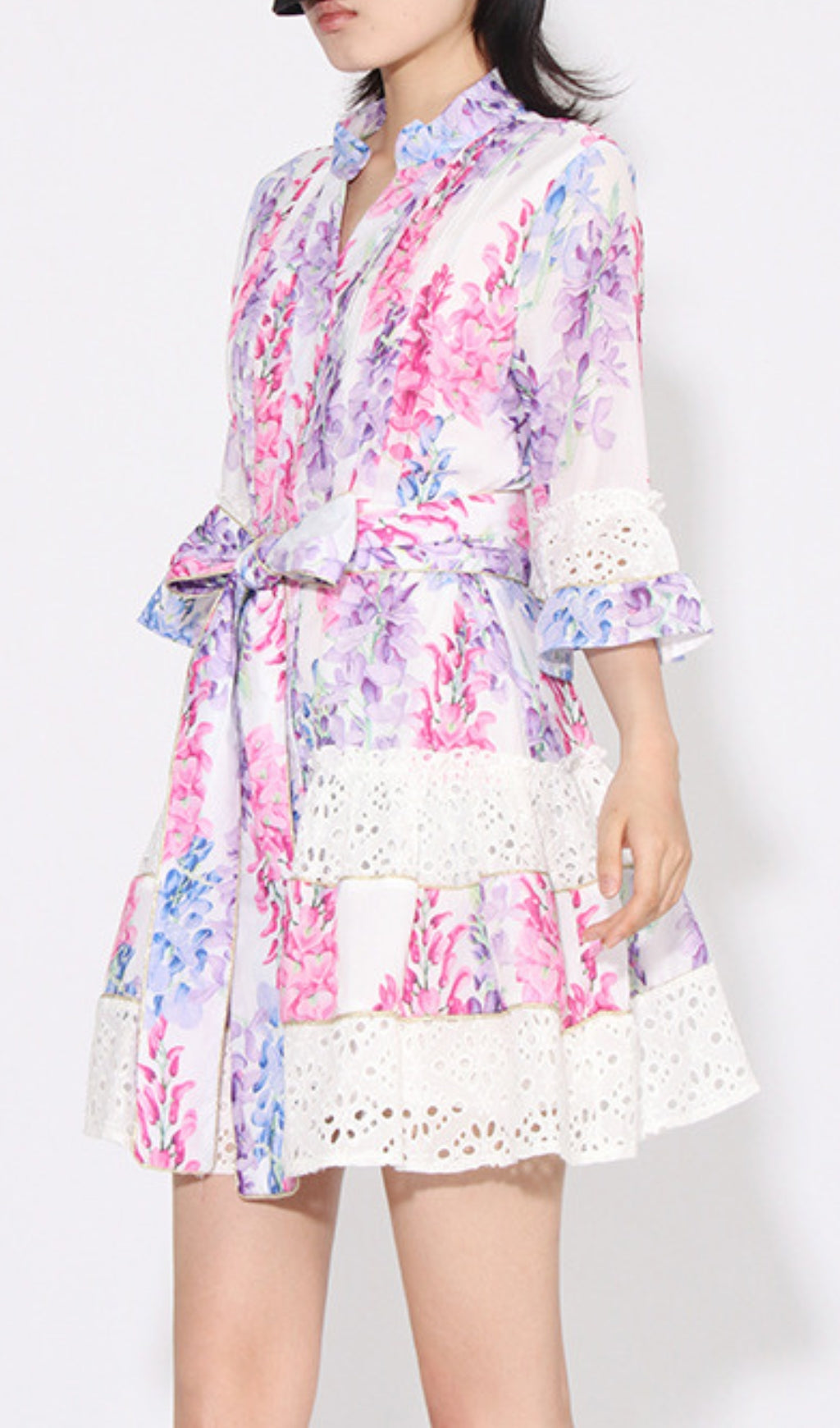 Erast Whimsical Wisteria Floral Tiered Mini Dress with Eyelet Lace Trim
