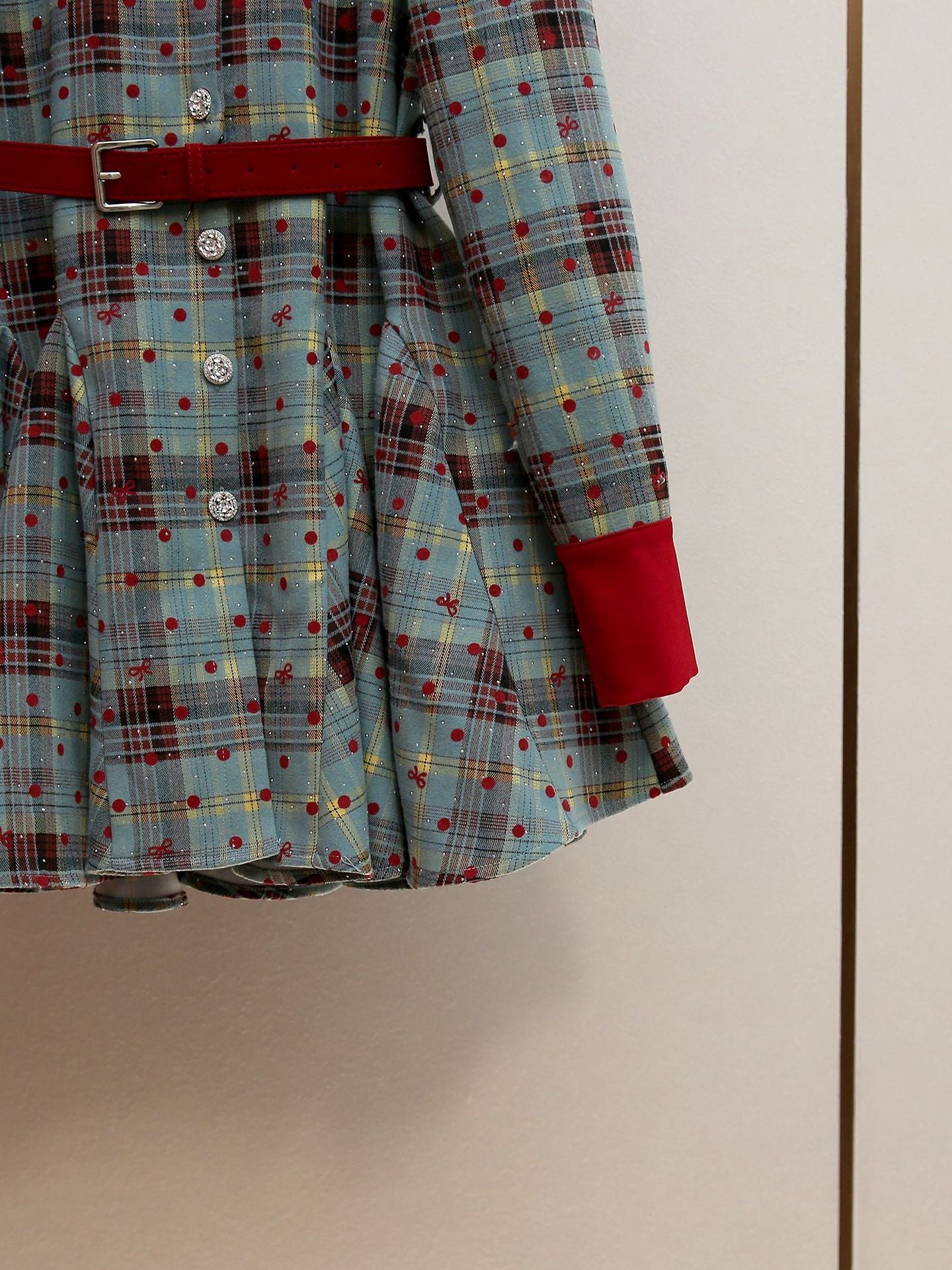 Humla Plaid Bow Mini Dress with Red Collar & Belt
