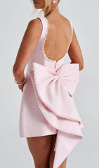 Glamorous Pink Backless Pearl Bow Satin Mini Dress